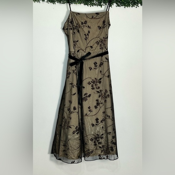 Vintage Jessica Howard Y2K Black Sheer Velvet Burnout Tan Formal Maxi Dress 14 - Picture 2 of 12